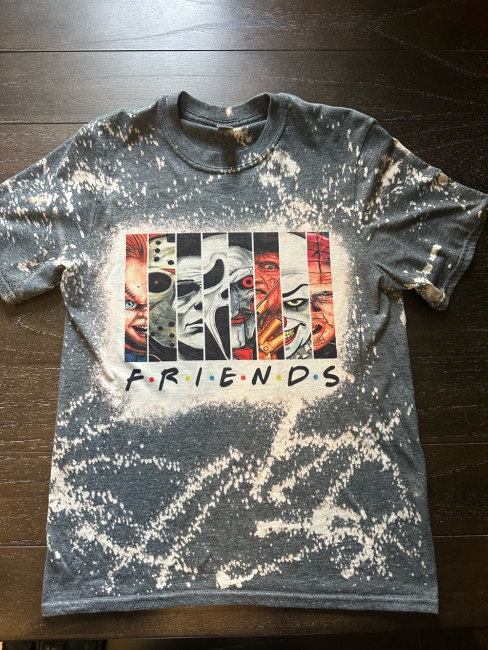 Gildan Dark Gray Bleached Graphic Tee with Multicolor Horror 'FRIENDS' Print